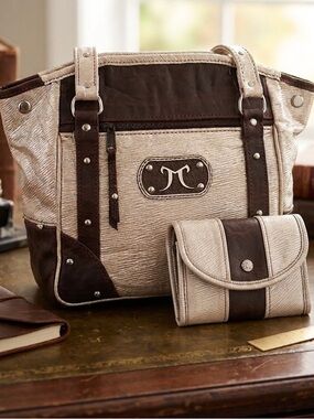 Rare Leather Cream and Brown Women's Tote Bag with Accent Trim & Wallet‎